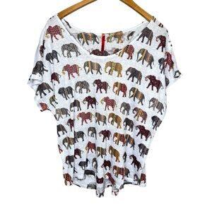 Boho Elephant Print Top White Short Sleeve Relaxed Fit Women’s‎ 1XL